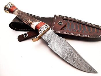 Beautiful-Custom-Handmade-Damascus-Steel-Hunting-Bowie-Knife-Stag-Horn-Handle-With-Leather-Sheath