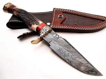 Beautiful-Custom-Handmade-Damascus-Steel-Hunting-Bowie-Knife-Stag-Horn-Handle-With-Leather-Sheath