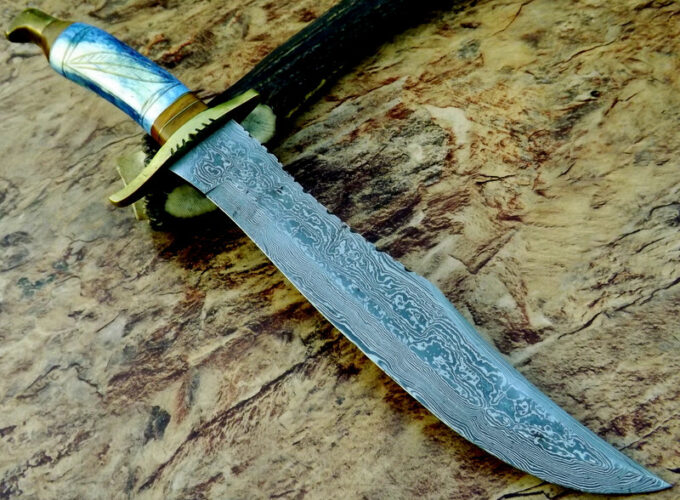 Blue-Colored-Camel-Bone-Handle-Damascus-Steel-Bowie-Hunting-Knife