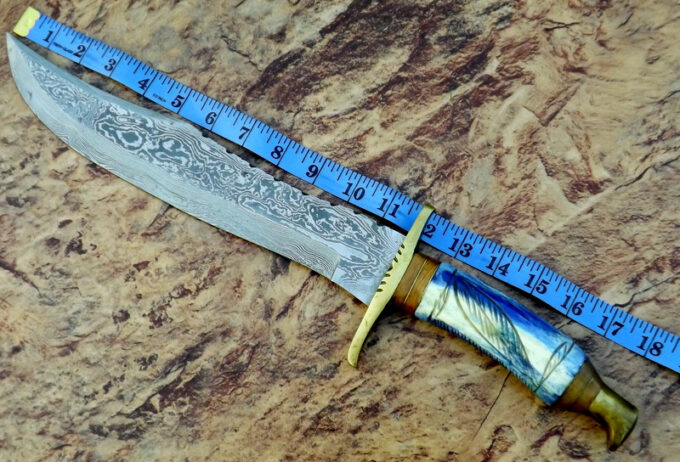 Custom-Handmade-Beautiful-Damascus-Steel-Bowie-Hunting-Knife-Colored-Camel-Bone-Handle