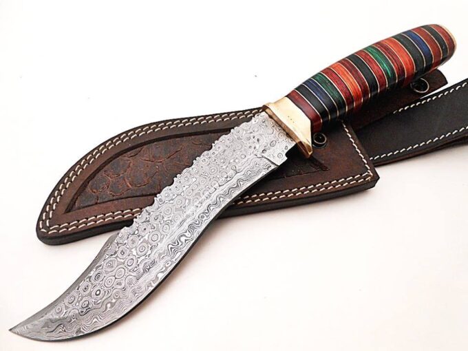 Custom-Handmade-Beautiful-Damascus-Steel-Bowie-Hunting-Knife-Multi-Colored-Wood-Handle-With-Leather-Sheath