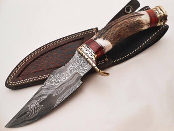 Custom-Handmade-Beautiful-Damascus-Steel-Bowie-Hunting-Knife-Stag-Horn-Handle-With-Leather-Sheath