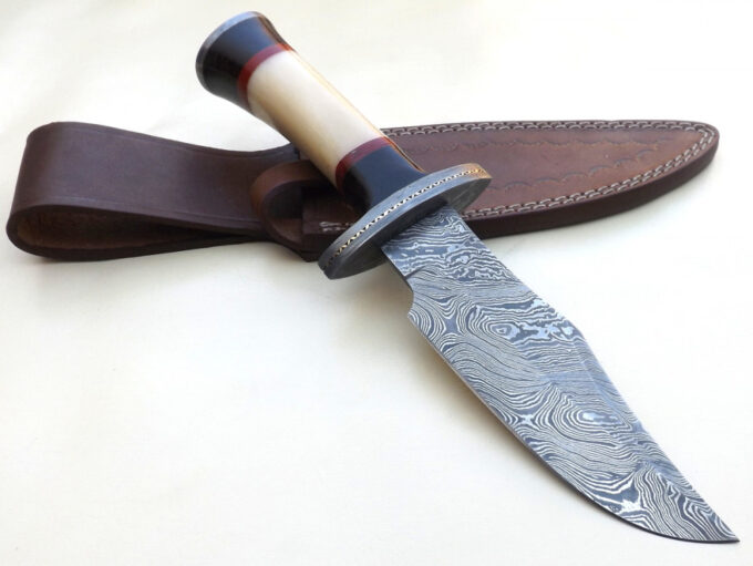 Custom-Handmade-Damascus-Steel-Bowie-Hunting-Knife-Camel-Bone-Handle-With-Leather-Sheath