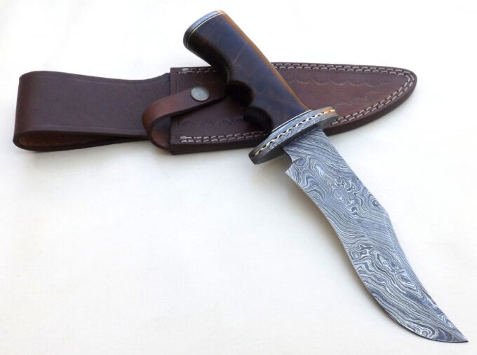 Custom-Handmade-Damascus-Steel-Bowie-Hunting-Knife-Rose-Wood-Handle-With-Leather-Sheath