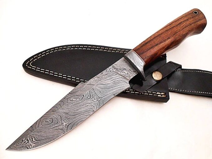 Outclass-Handmade-Damascus-Steel-Bowie-Hunting-Knife-Rose-Wood-Handle