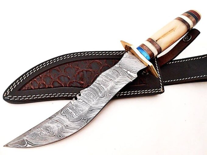 Beautiful-Custom-Handmade-Damascus-Steel-Hunting-Bowie-Knife-Colored-Camel-Bone-Handle