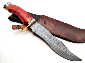 Beautiful-Custom-Handmade-Damascus-Steel-Hunting-Bowie-Knife-Orange-Colored-Handle-With-Leather-Sheath